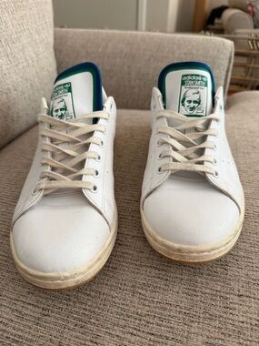 Adidas Stan Smith White Leather Sneakers with Green and Blue Trim